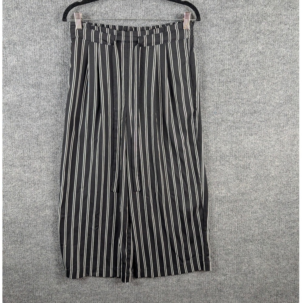 DR2 Womens Black White Striped Wide Leg Crop Pants Size M Flowy Slimming